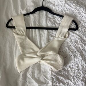 Cream Ribbed Bow Crop Top